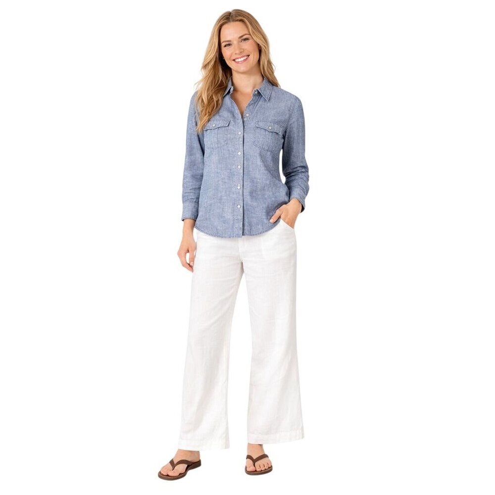 Banana Republic XS Petite Blue & White Button Front Linen Blend Shirt